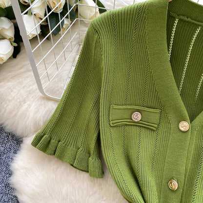 Brand Fashion Vintage Knitted Long Dress Spring Summer Women Elegant V-neck Ruffled Bodycon Sweater Dress Party Vestido