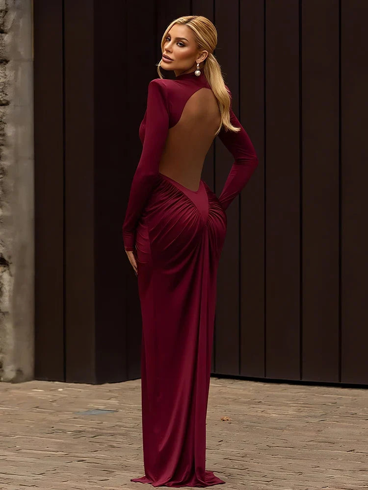 Shirring Sheath Maxi Dresses High Street Classic Full Sleeve Straight Shoulder Backless Vestidos Mujer Evening Wear