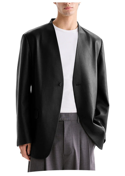 Luxury Men's PU Leather Blazer Collarless Jacket Loose 1 Button Elegant Solid Color Coat for Party Wedding Office Daily Wear