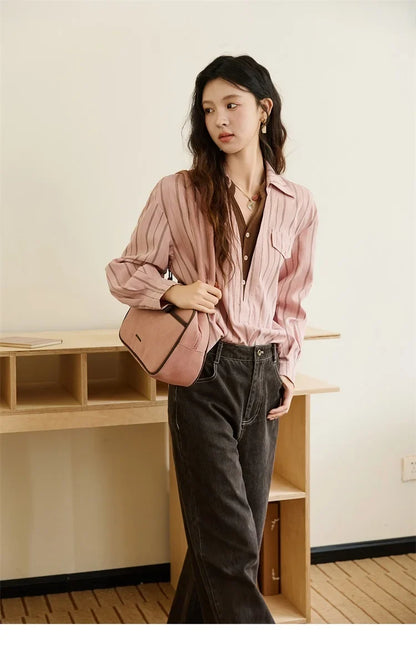 Peach Skin Velvet Stripe Shirt for Women Autumn 2025 Double Layered Collar Contrasting Color Shirt Commute Top MXE47C2408