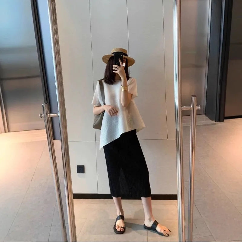 Miyake Irregular Short Sleeve Pleated Top Simple Loose Plus Size with Stretch T-Shirt Vacation Office Clothing Polyester Crepe