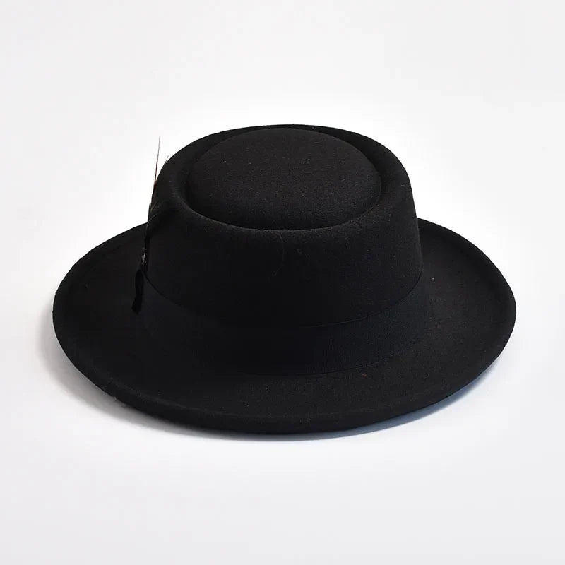 NEW Vintage Pork Pie Hat Mens Rolled Brim Felt Fedora Hat with Feather Gentleman Trilby Jazz Hats