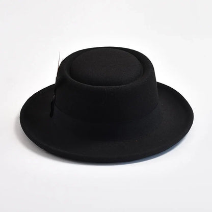 NEW Vintage Pork Pie Hat Mens Rolled Brim Felt Fedora Hat with Feather Gentleman Trilby Jazz Hats