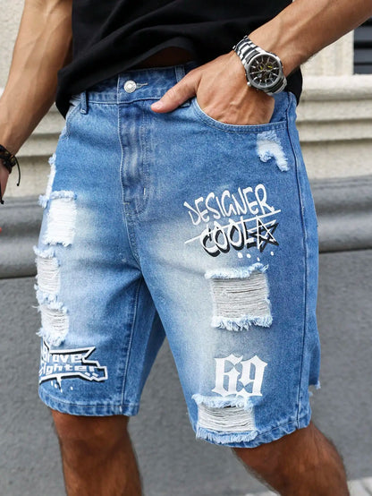 Men's Summer Blue Ripped Printed Denim Shorts. Trendy Ripped Design. Stylish Text Prints.