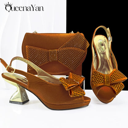 Elegant Women High Heels for Peep Toe Good Material Rhinestone Wine Sandals Italian Design Shoes and Bags Matching