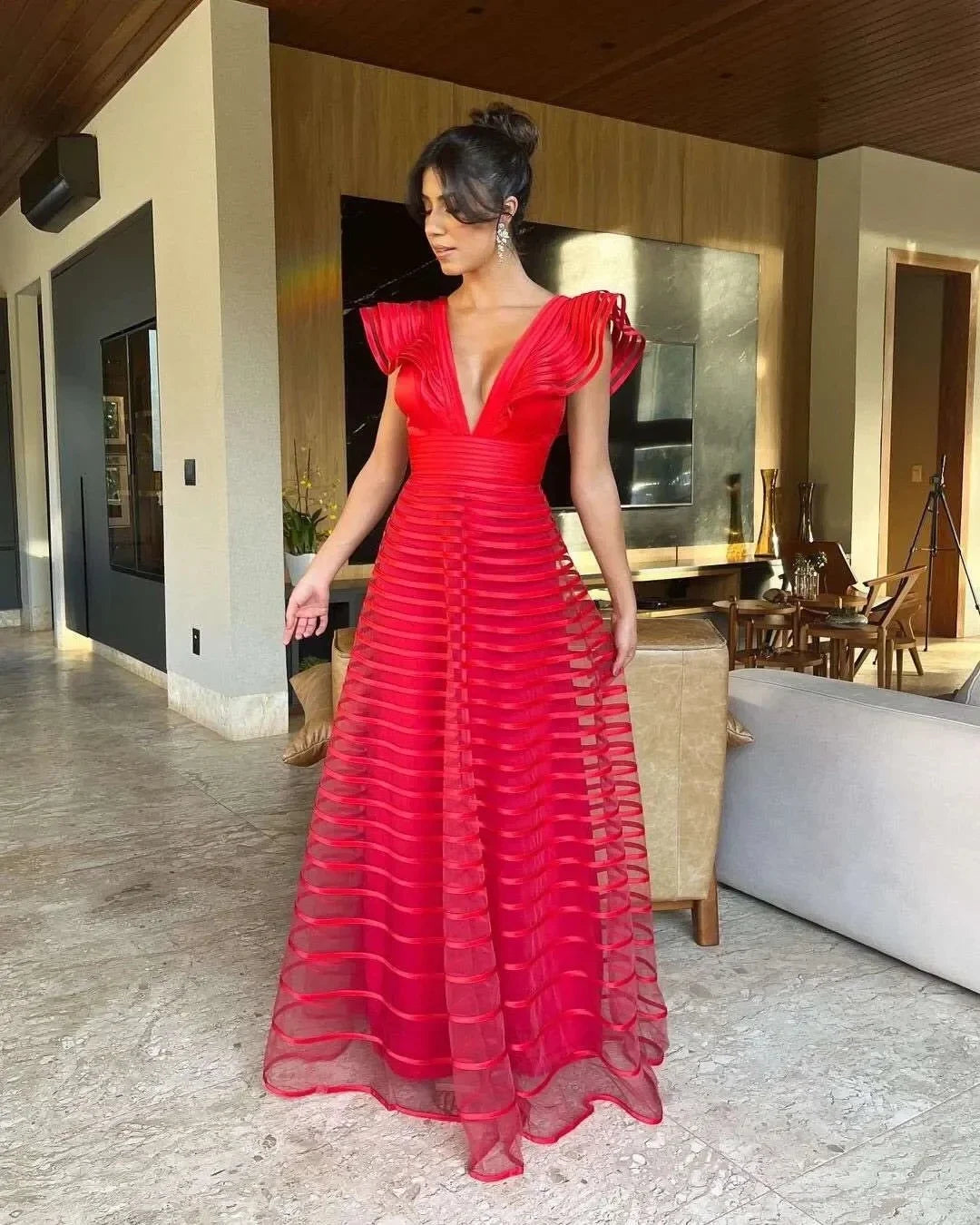 A Line Fuchsia Formal Dresses Pleat Sleeveless Prom Gown for Woman Deep V Neck Wedding Party Dress robe de bal Customized