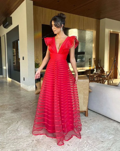 A Line Fuchsia Formal Dresses Pleat Sleeveless Prom Gown for Woman Deep V Neck Wedding Party Dress robe de bal Customized
