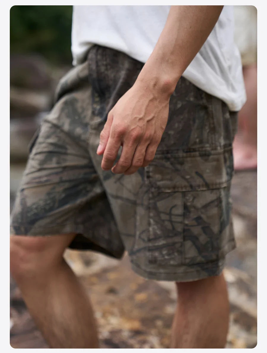 2026 Summer New Distressed Camouflage Shorts Men Loose Baggy Cargo Pants 270gsm Cotton Washed Frayed Hem Tactical Shorts