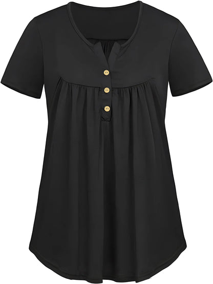 Solid Color Button Front Tee, Casual Fashion Short Sleeve Scoop Neck T-shirt for Summer