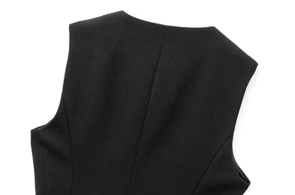 Women's Long Waistcoat with Belt, Front Gold Button, O Neck Sleeveless Vest, Female Outerwear, Chic Tops, Fashion