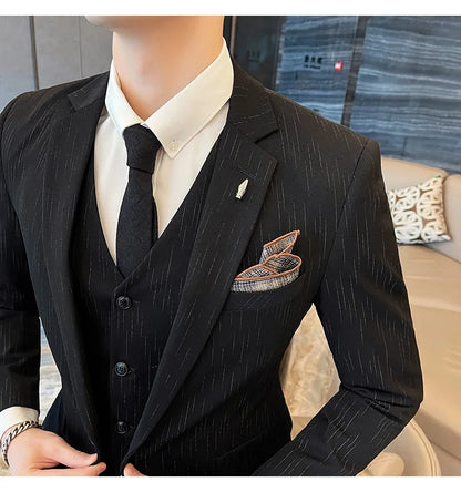 ( Blazer + Vest + Pants ) High-end Formal Casual Business Striped Fashion Men's 3 Piece Suit Groom Wedding Dress Suit