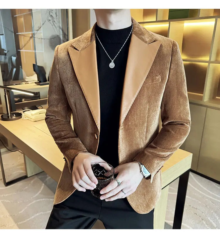 Splicing Leather Neck Fashion Suit Jacket Luxury Men's Business Slim Fit Social Formal Blazers Coats Wedding Groom Tuxedos 5XL-M
