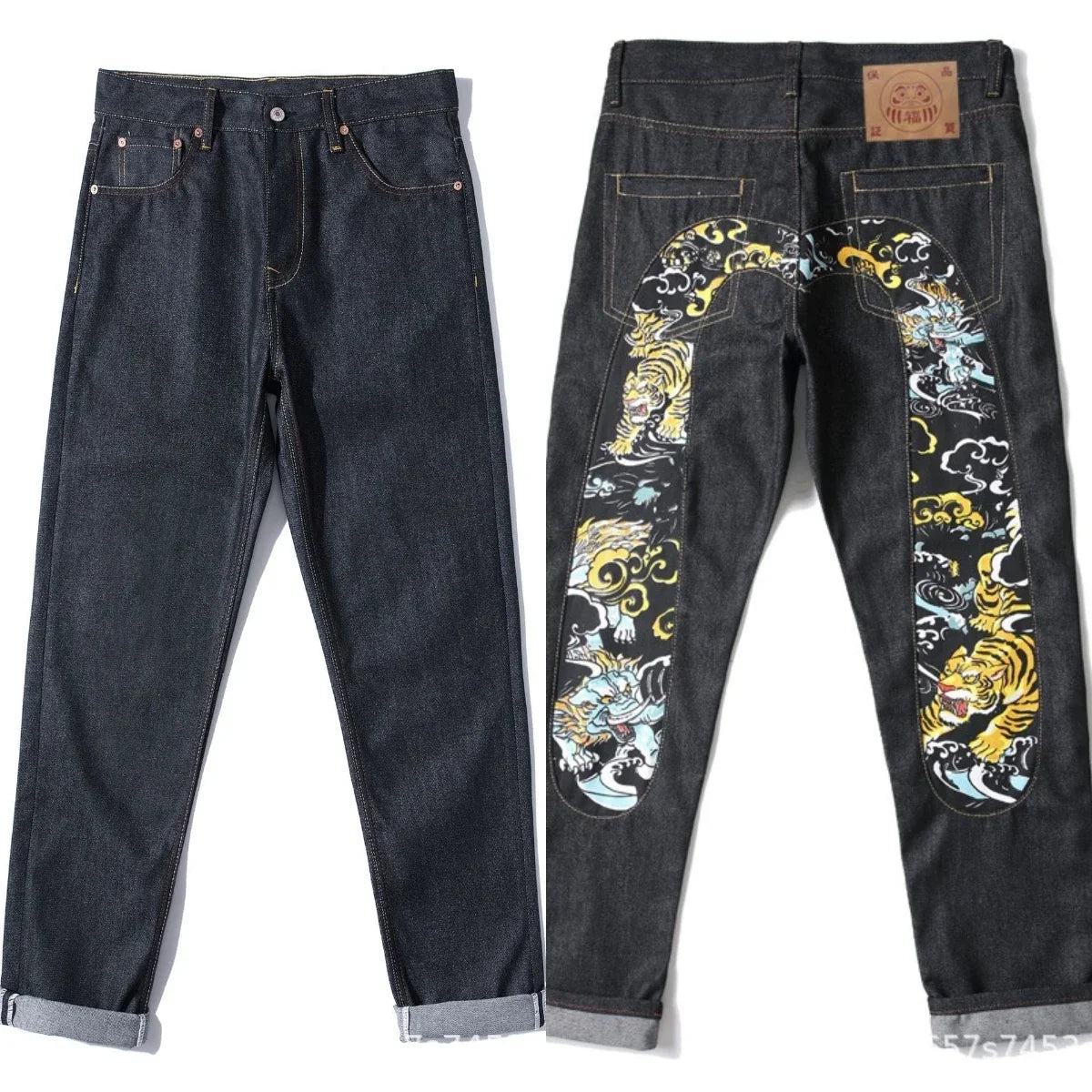 Men's Japanese Handmade Embroidered Jeans Pure Cotton Straight Tube Hip-Hop Popular Slim Red Ears Show Thin Trousers Devil Black