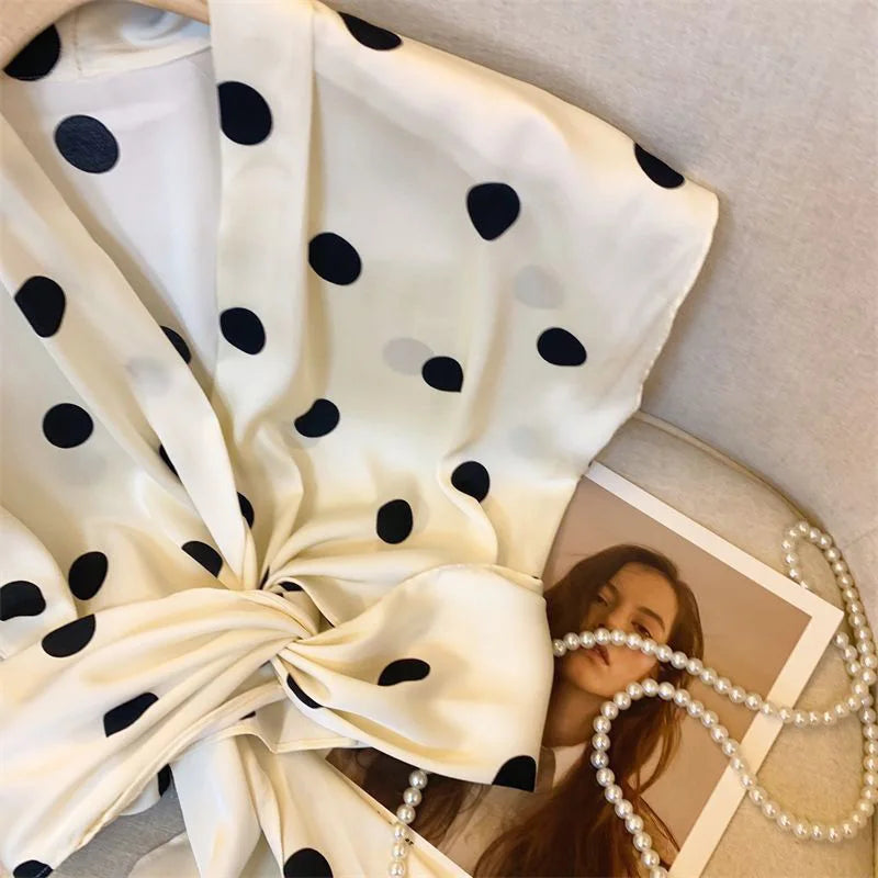 Sexy Cropped Dot Shirt Women Vintage Slim V Neck Short Sleeve Design Blouse French Retro Casual Bow Lace Up Summer Elegant Tops