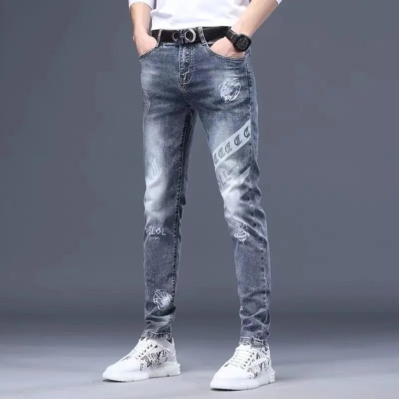 Harajuku Fashion Men's High-end Embroidered Jeans Korean Style Prints Patches Slim Fit Casual Spring Autumn Cowboy Trousers