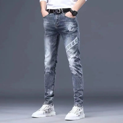 Harajuku Fashion Men's High-end Embroidered Jeans Korean Style Prints Patches Slim Fit Casual Spring Autumn Cowboy Trousers
