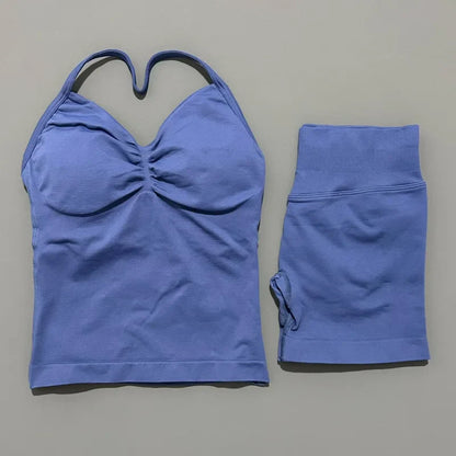 No Logo 2 Pies Sports Set Women Backless Tank Yoga Tops High Waist Scrunch Seamless Shorts Sport Gym Set Sportswear Workout Set