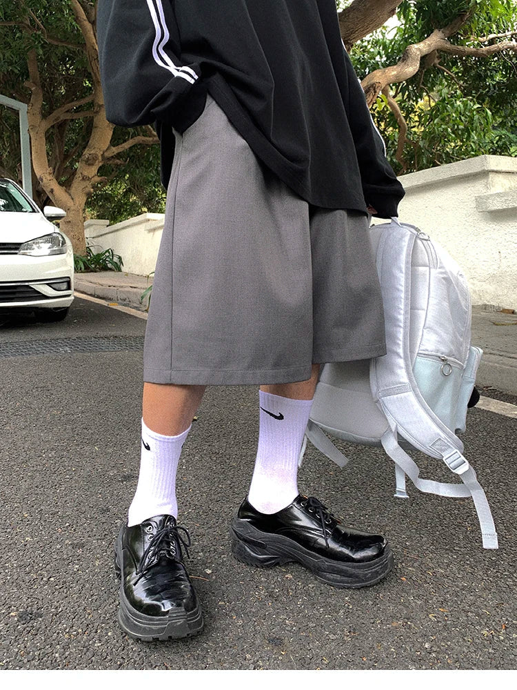 Spring Summer Loose Casual Soft Grey Pleated Shorts for Men with High Waist Short Straight Pants Korean Clothes 2024