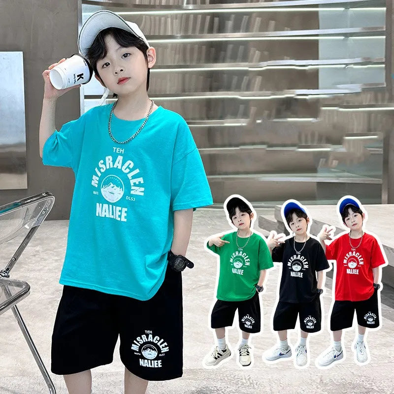 Summer Boys Cotton Leisure Print T-Shirt Top+Shorts Pant Contrast Set School Kids 2PCS Tracksuit Children Vacation Outfit 5-16Yr