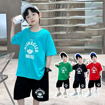Summer Boys Cotton Leisure Print T-Shirt Top+Shorts Pant Contrast Set School Kids 2PCS Tracksuit Children Vacation Outfit 5-16Yr