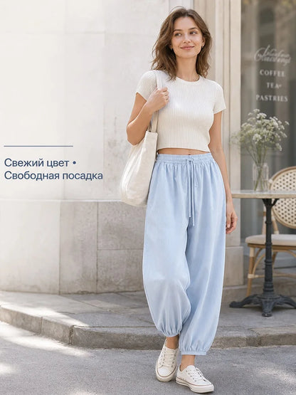 Summer Cotton Oversized Pants For Women Blue Baggy Aladdin Trousers Elastic Bloomers Navy Blue Cropped Lantern Harem Pants Woman