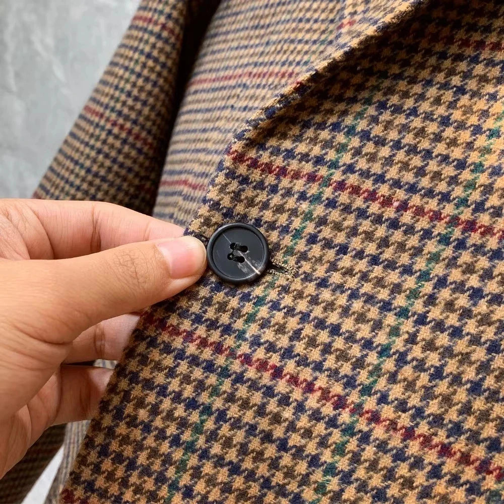 Vintage British Windsor Men's Tweed Blazer Slim Fit Houndstooth Plaid Wool Suit Thick for Autumn Winter