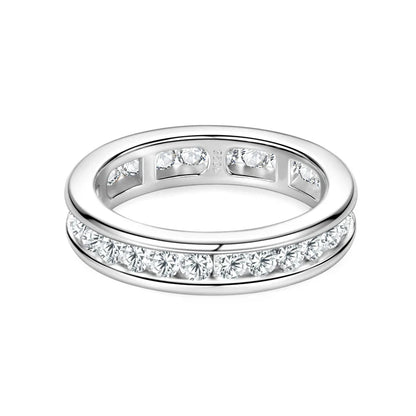 S925 Silver Groove Inlaid D VVS1 Round Moissanite Ring for Women Fashion Wedding Ring Eternity Band with Certificate