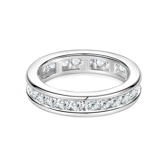 S925 Silver Groove Inlaid D VVS1 Round Moissanite Ring for Women Fashion Wedding Ring Eternity Band with Certificate