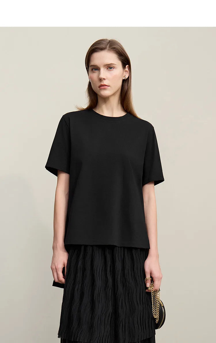 T-shirt Women 2026 Summer New O-Neck Side Slit Cotton Tee Embroidered Letter Lace Accent Women's Short Sleeve Tee 12652029