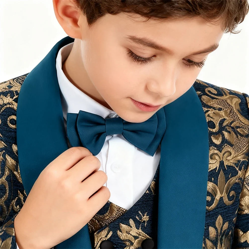 Gold Embroidery Suit Set for Boys 3-14 Yrs, Communion Suit Jacket Vest Pants Set, Stylish Shawl Neck Children Tuxedo