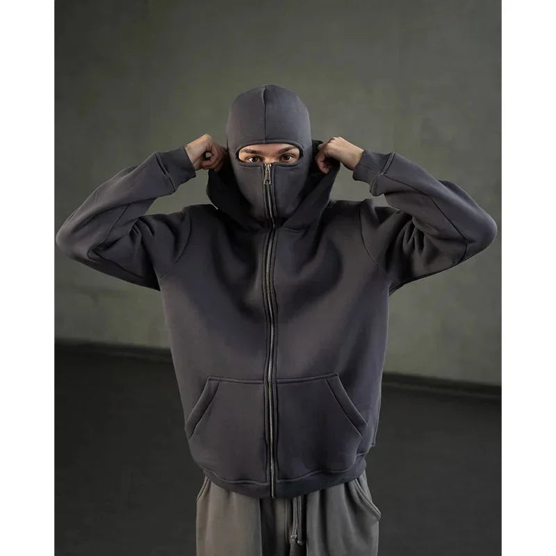 Men and women Balaclava Y2K Gothic Harajuku winter new item double hooded sweatshirt men's hooded mask zipper sportswear
