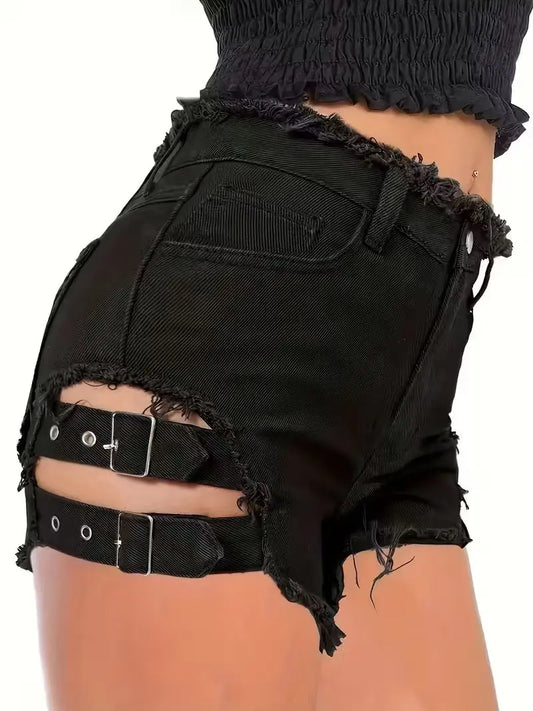 Women's Black Denim Shorts Low Waisted Frayed Hem Adjustable Buckle Straps Cutout Sexy Clubwear Party Mini Hot Pants
