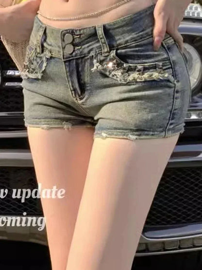 American vintage hot girl denim shorts female summer new low waist show thin high street design feeling pack hip ultra short hot