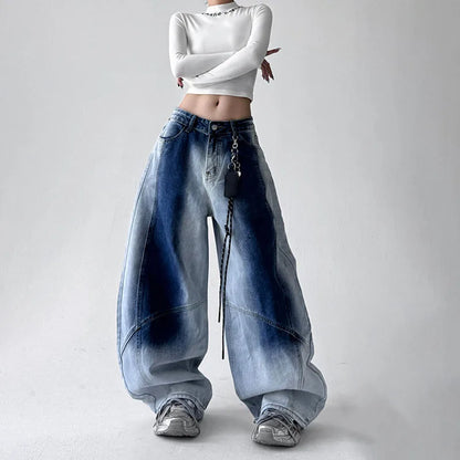 Korean Retro Gradient Jeans For Women Straight Leg Pants Wide Leg Casual Pants Blue Jeans Y2k Pants Baggy Without Pendant