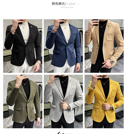 Men's Deerskin Fleece Suit Jacket 2025 Spring New High Quality Single Button Slim Fit Business Casual Suit Coat  Men Clothing