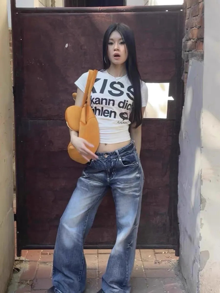 Karrram Japanese Y2k Letter Print T-shirt Trashy 2000s Style Crop Top Vintage Harajuku Short Sleeve Tee Shirt American Retro 90s