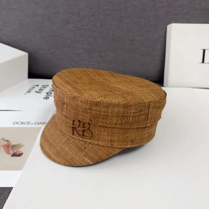 British Women’s Straw Newsboy Cap Summer Flat Top Sun Hat Spring Summer Raffia Handmade Monogram Embellished Baker Boy Cap