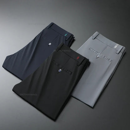 Ultra-thin Ice Silk Cool Men's  Casual Pants Summer New High Elasticity Quick-drying Drape Business Straight Trousers Black Gray