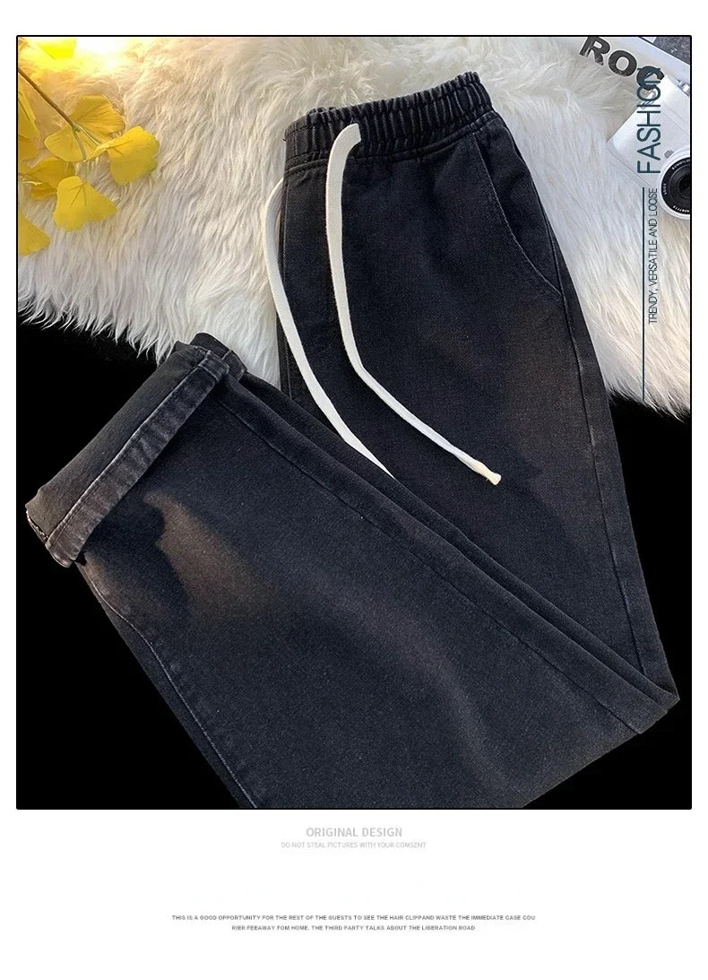 Casual Jeans Men's Baggy Straight Elastic Waist Drawstring Korea Fashion Male Vintage Denim Trousers Streetwear 3XL