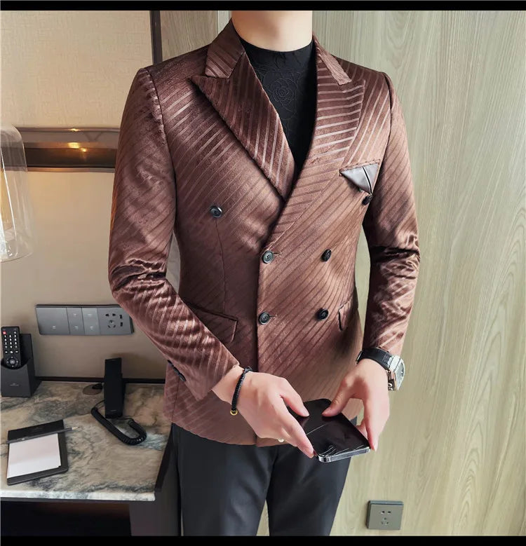 British Style Luxury Men Double Breasted Twill Suit Jacket High Quality Fashion Business Slim Fit Groom Social Party Suit Dress