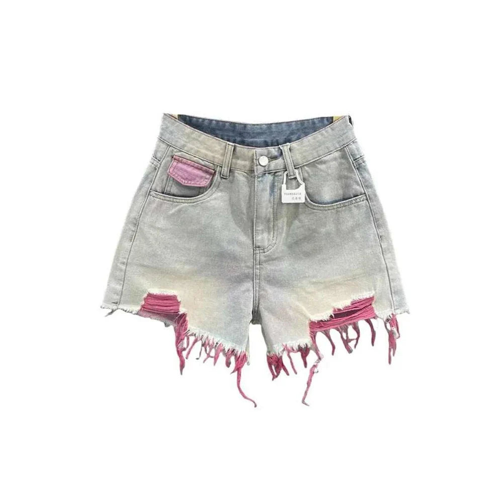 Korean Style Pink Hole Denim Shorts Women Summer New High Waist Raw Edge A-line Hot Girls Shorts Fashion Niche Slim Hot Pants
