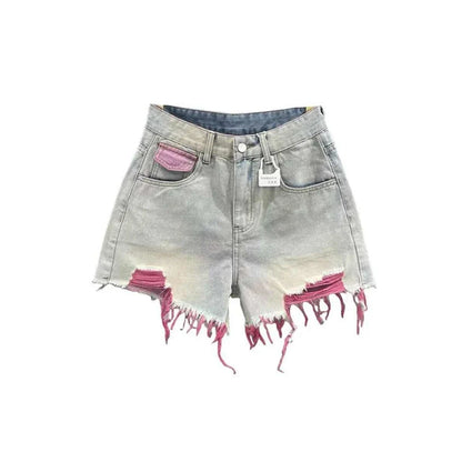 Korean Style Pink Hole Denim Shorts Women Summer New High Waist Raw Edge A-line Hot Girls Shorts Fashion Niche Slim Hot Pants