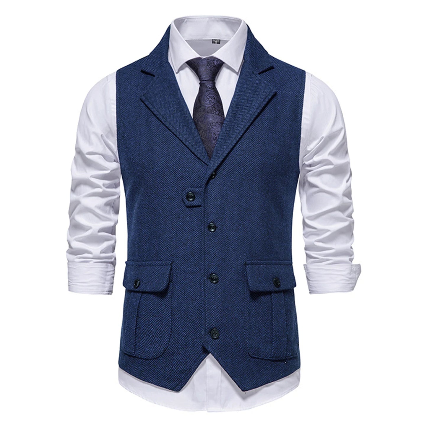 Tailored Collar Vest for Men Single Breasted Herringbone Tweed Suit Vest Mens Formal Striped Waistcoat Punk Groomsmen Wedding