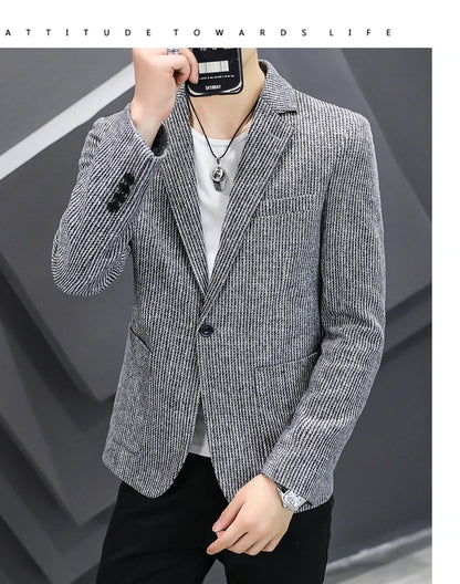 Blazer New Men's Fashion Business Vertical Strip Gentleman Slim Wool Shopping Outdoor Performance Wedding Banquet Casual Blazer