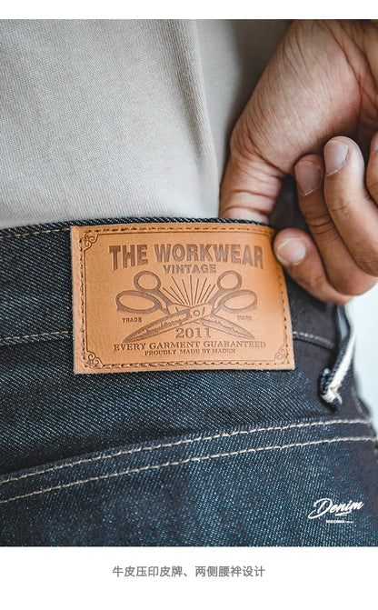 Vintage 13.5oz Heavyweight Denim Jeans Washed Straight Mid Waist Pants Men's Indigo Selvedge Raw Denim Jeans for Autumn
