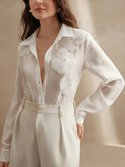 2025 New Long Sleeves Shirts for Women Summer Autumn 3D Flower Chic Blouse Tops for Women Office Business Casual Work