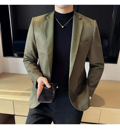 High Quality Deerskin Velvet Splicing Leather Collar Suit Blazers Men Casual Business Slim Coats Mens Social Wedding Clothing
