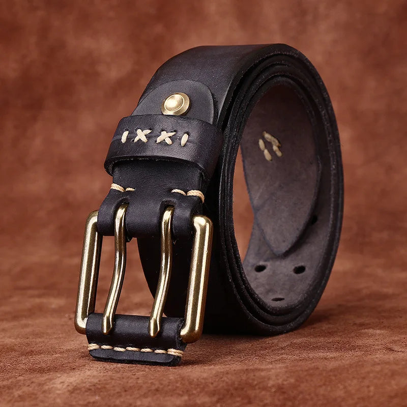 3.8CM Retro Real Genuine Leather Belt Brass Buckle Luxury Designer Belts Men Pure Cowskin Strap Male Cowboy Jeans Belt for Man