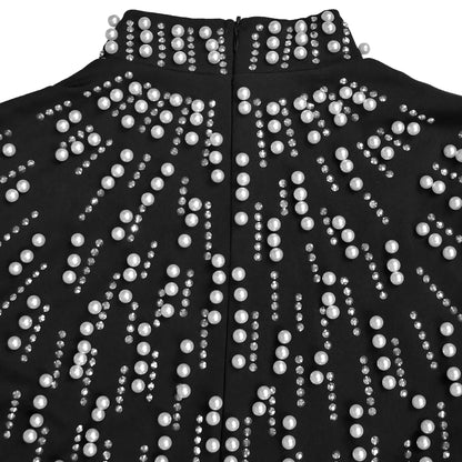 Temperament Elegant Party Diamond Pearl Long Bodycon Dress Women O Neck Long Sleeve Glitter Club Evening Black Sheath Maxi Dress