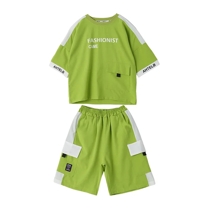 Summer Boys Patchwork Alphabet Half Sleeves T-Shirt Tops+Shorts Pant School Kids Tracksuit Child 2PCS Outfit Workout Set 5-16 Yr
